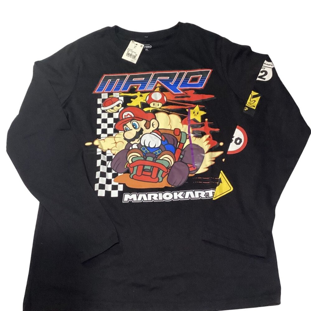 Mario Kid's Size XL Long Sleeve T Shirt Black Mariokart Graphic Print New W Tags